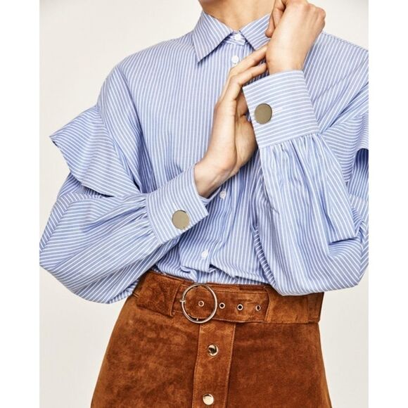 Zara Blue and White Striped Ruffle Sleeve Button-Down Shirt - Picture 7 of 11